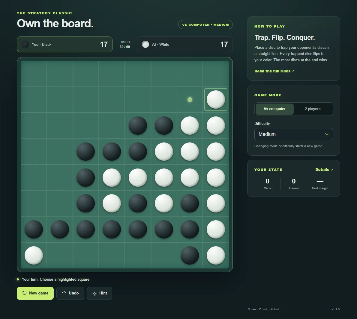 Reversi after 14 player turns