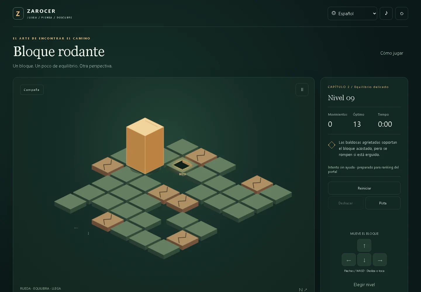 Rolling Block Puzzle: Block lying beside the board goal