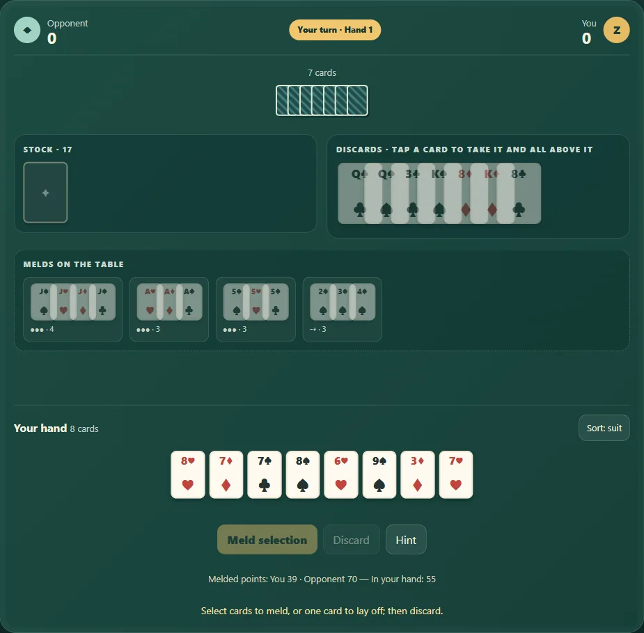 Rummy 500 with open melds, the discard pile and cards in hand. Scene 2.