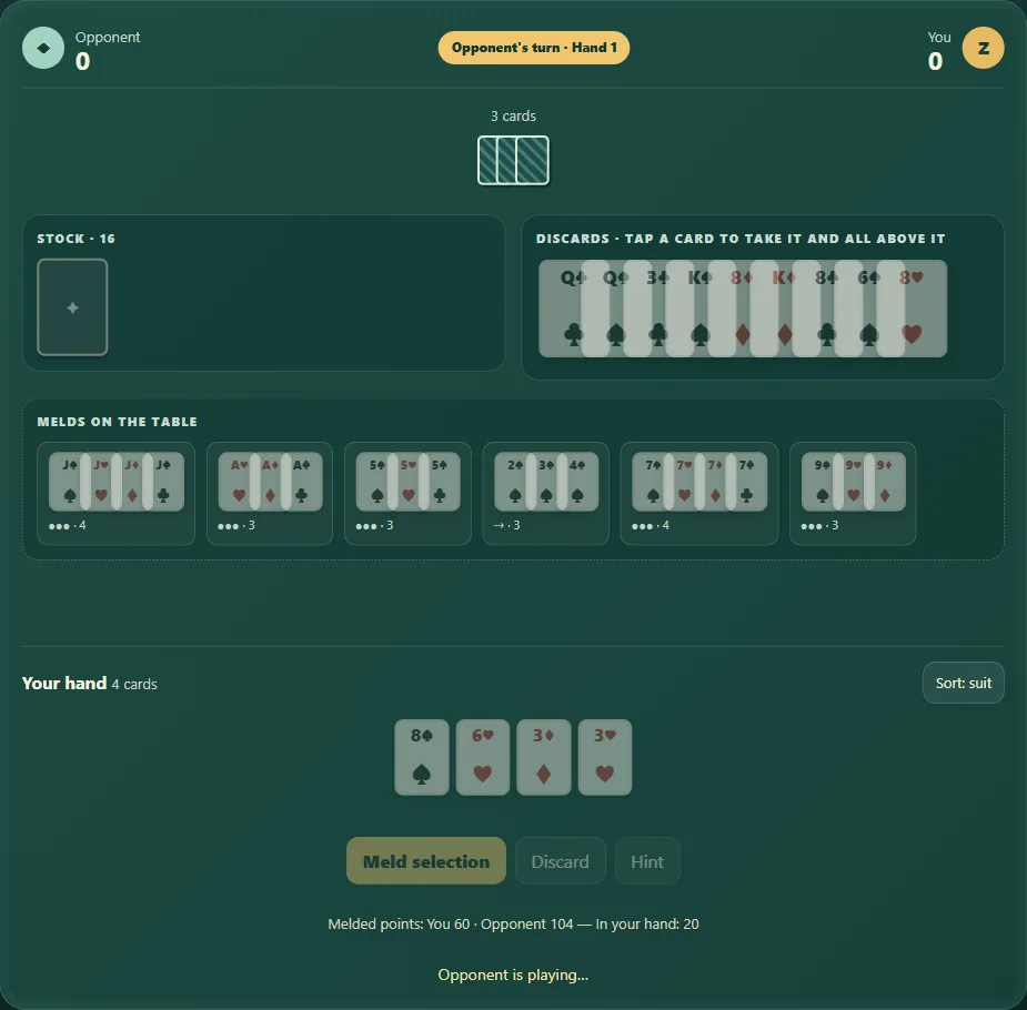 Rummy 500 with open melds, the discard pile and cards in hand. Scene 3.