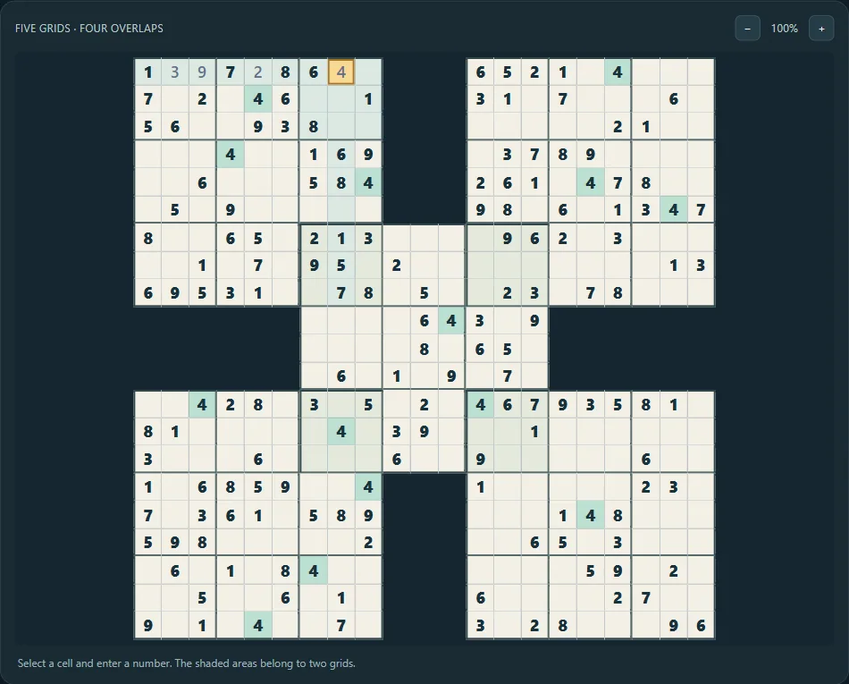 Samurai Sudoku on Hard difficulty after 4 actual public hints.
