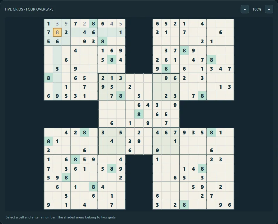 Samurai Sudoku on Hard difficulty after 6 actual public hints.