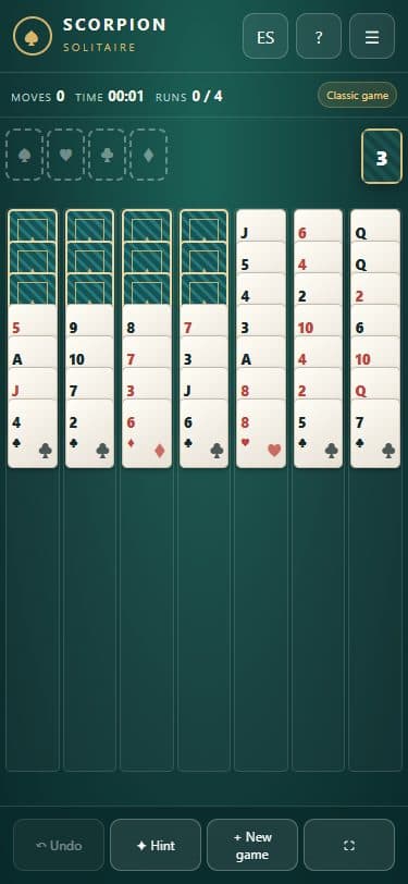 Scorpion Solitaire game on a mobile screen.