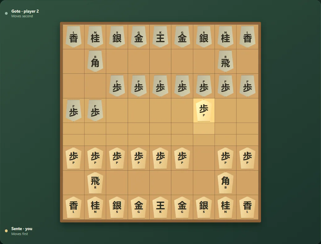 Actual Shogi gameplay, board position 2 after native moves.