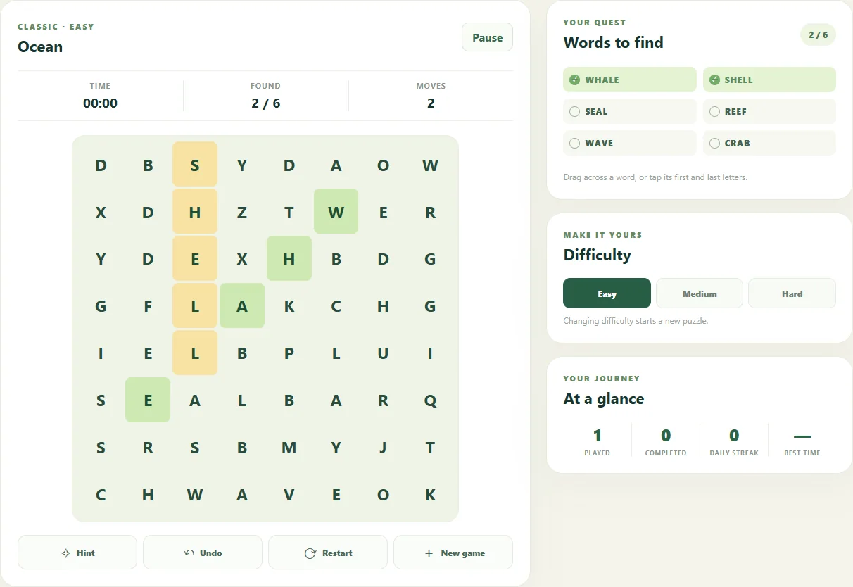 Word Search with 2 of 6 words found