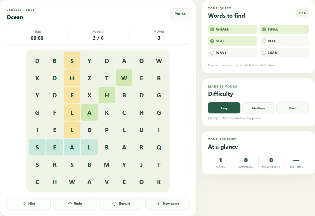 Word Search with 3 of 6 words found