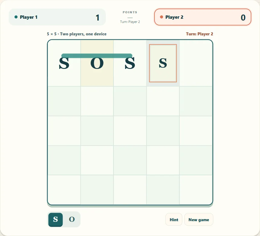 A scored SOS word after four native letter placements.