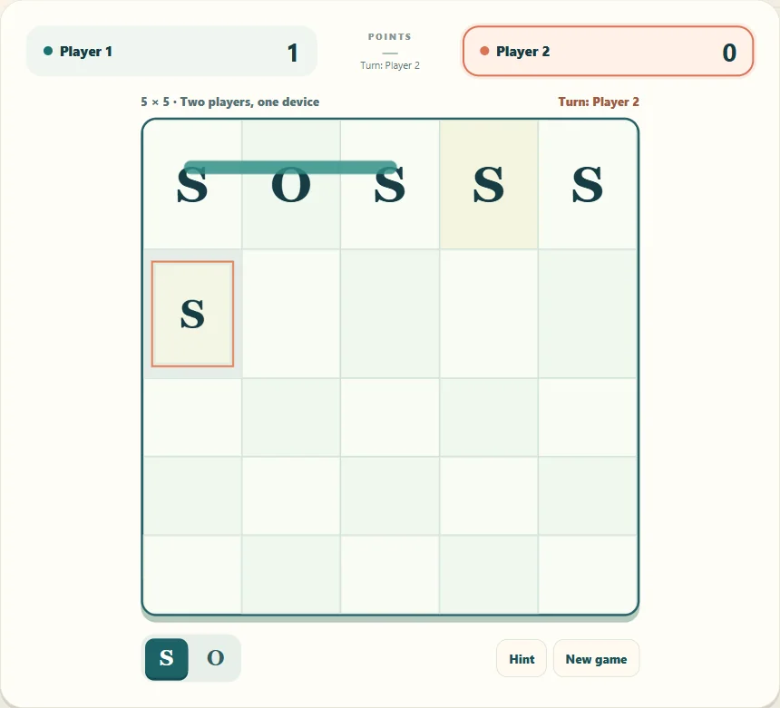 Six placed letters and the first scored SOS word.
