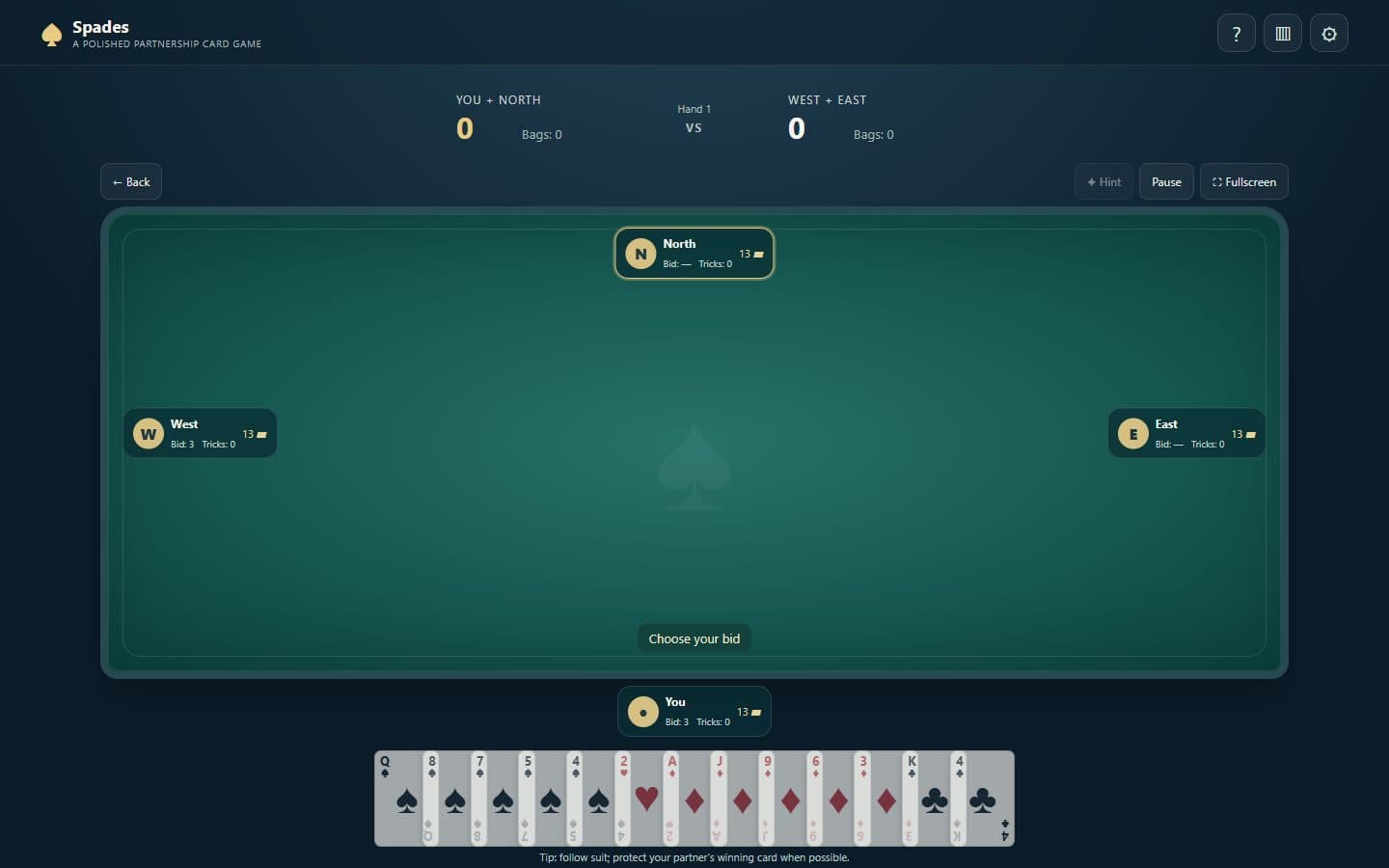 Spanish Spades game showing cards, bids and the trick table.