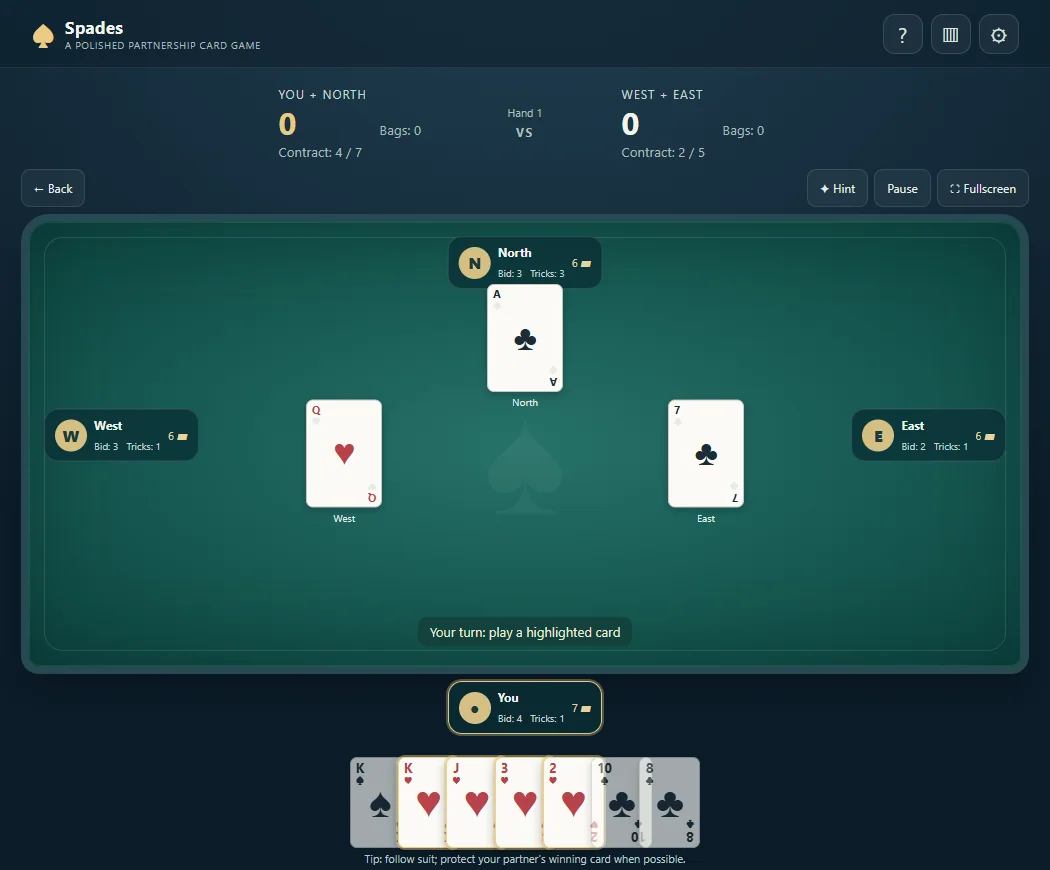 Spades with three cards in trick six and seven player cards