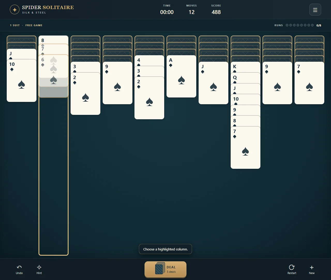 One-suit Spider with descending runs and remaining face-down cards