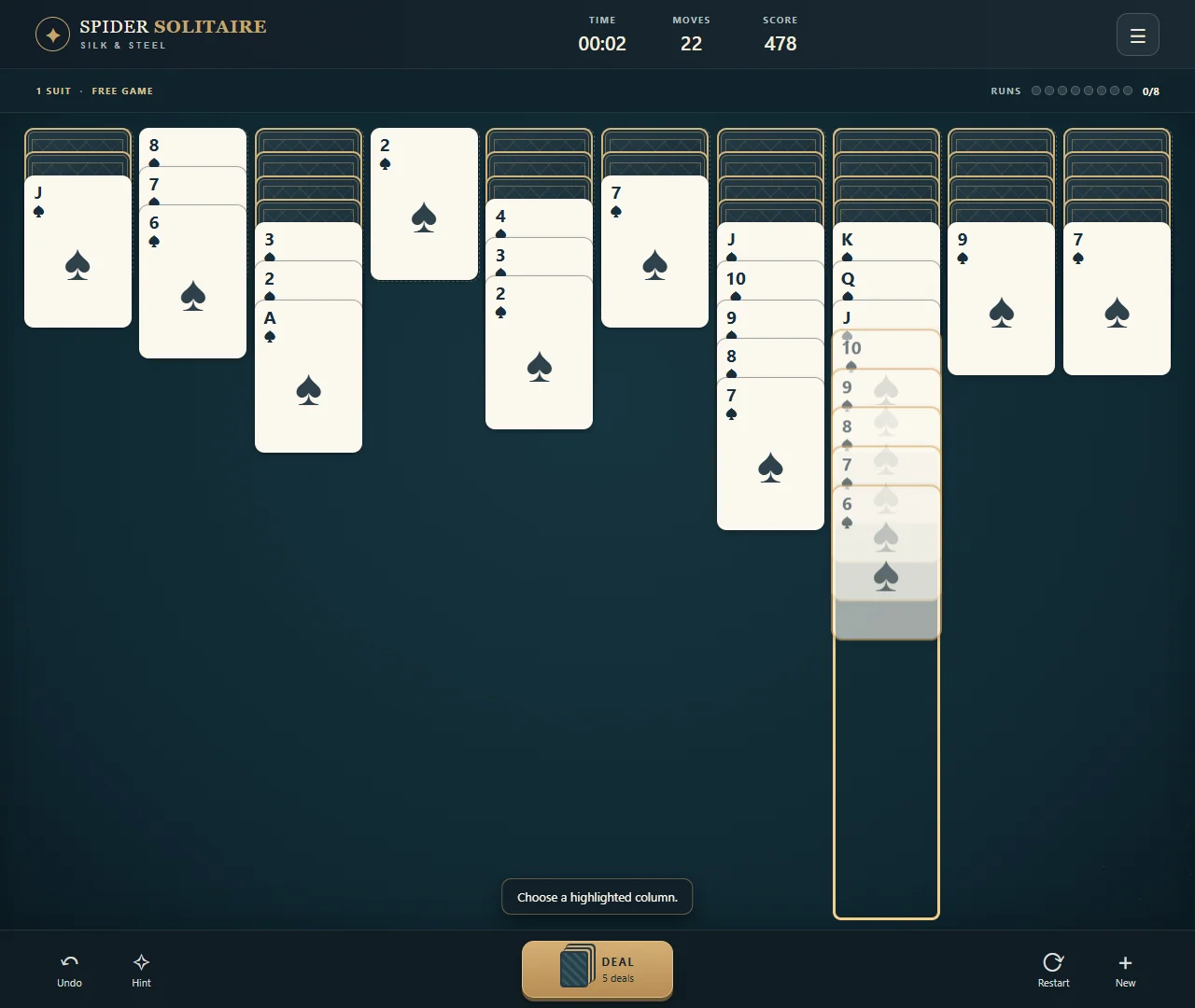 Reorganized Spider Solitaire columns after moving runs