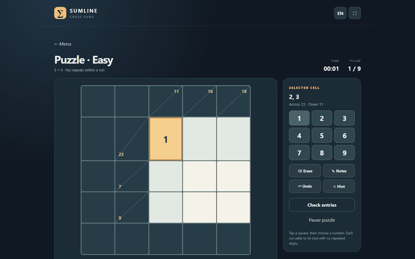 Sumline: Cross Sums board after a move.