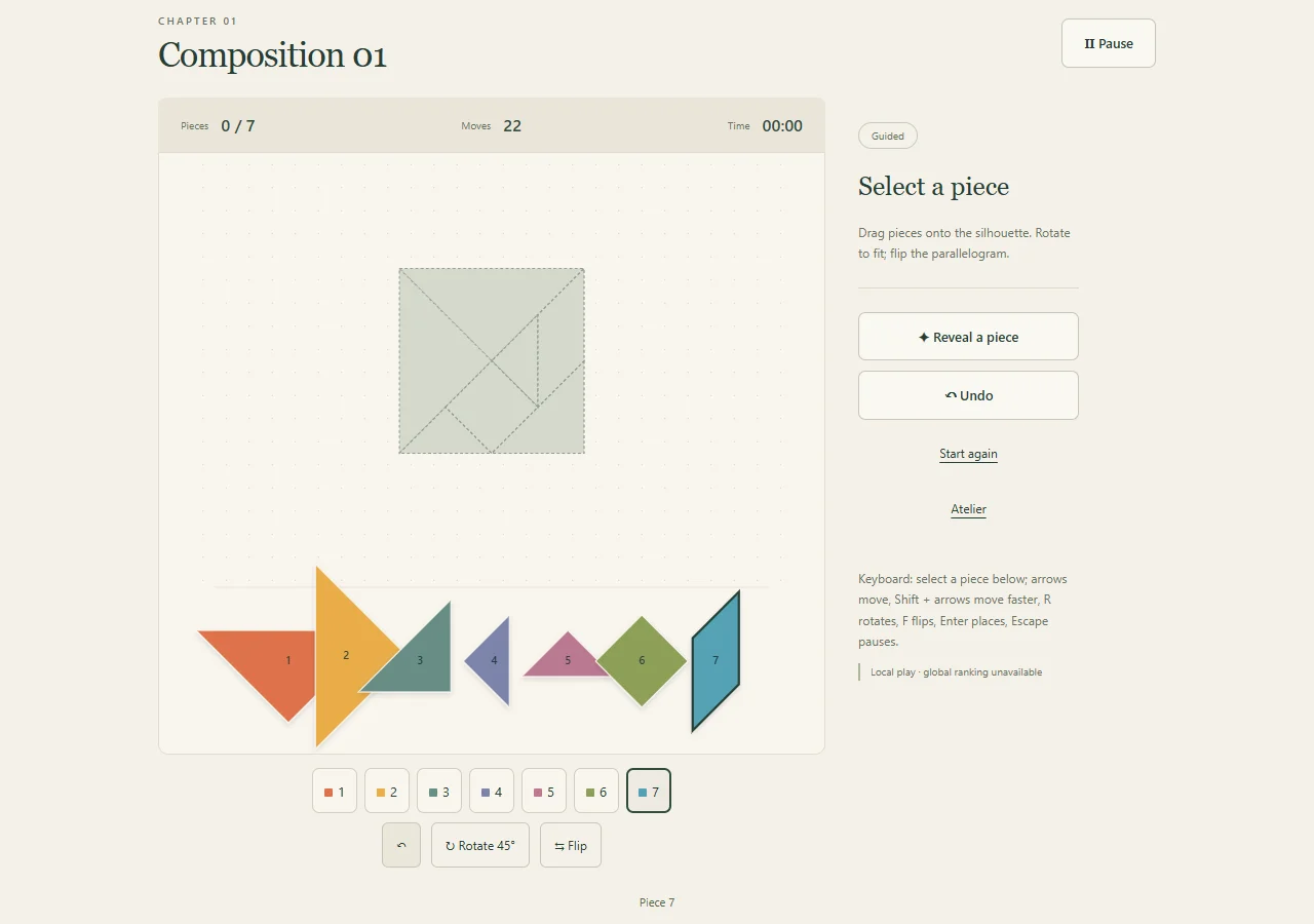Tangram Atelier empty silhouette and seven geometric pieces before placement