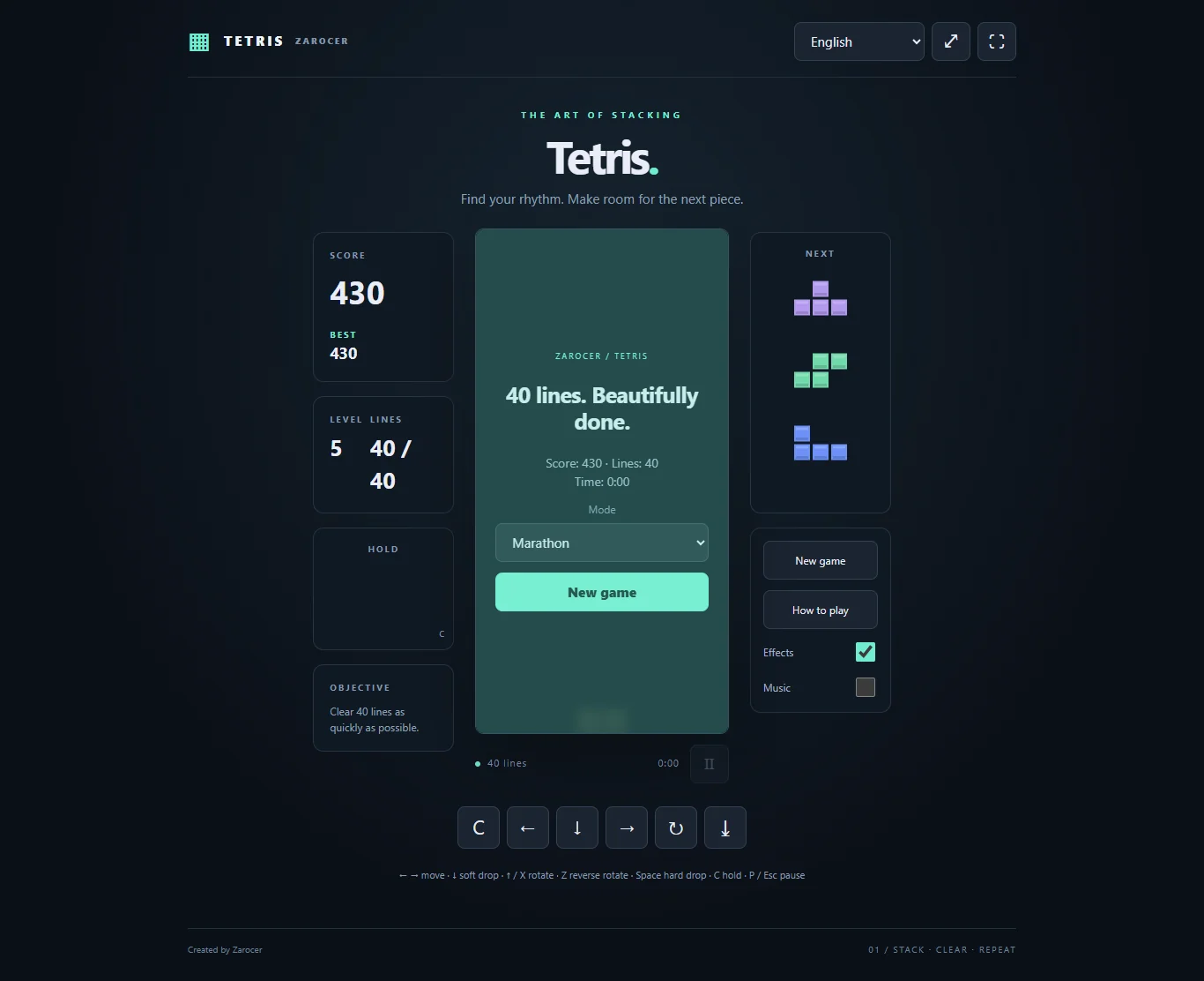 Tetris 40-line challenge result.