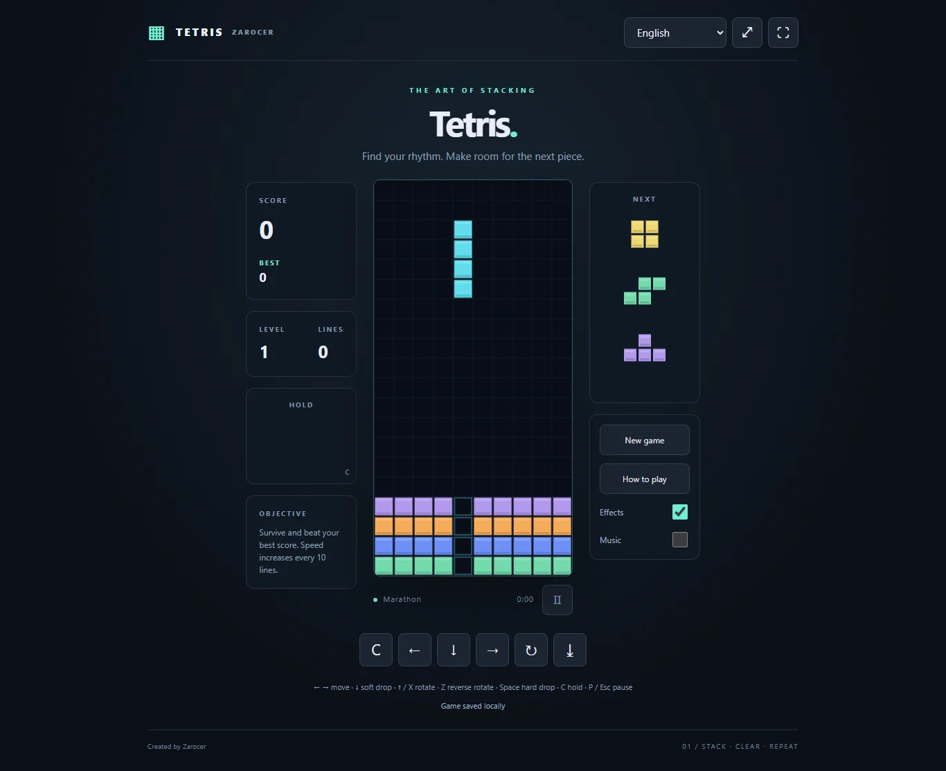 Tetris board with four rows prepared for a clear.