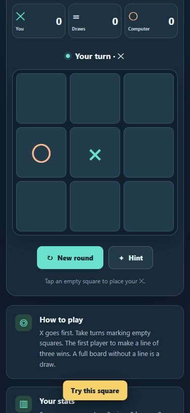 Tic Tac Toe on a mobile screen.