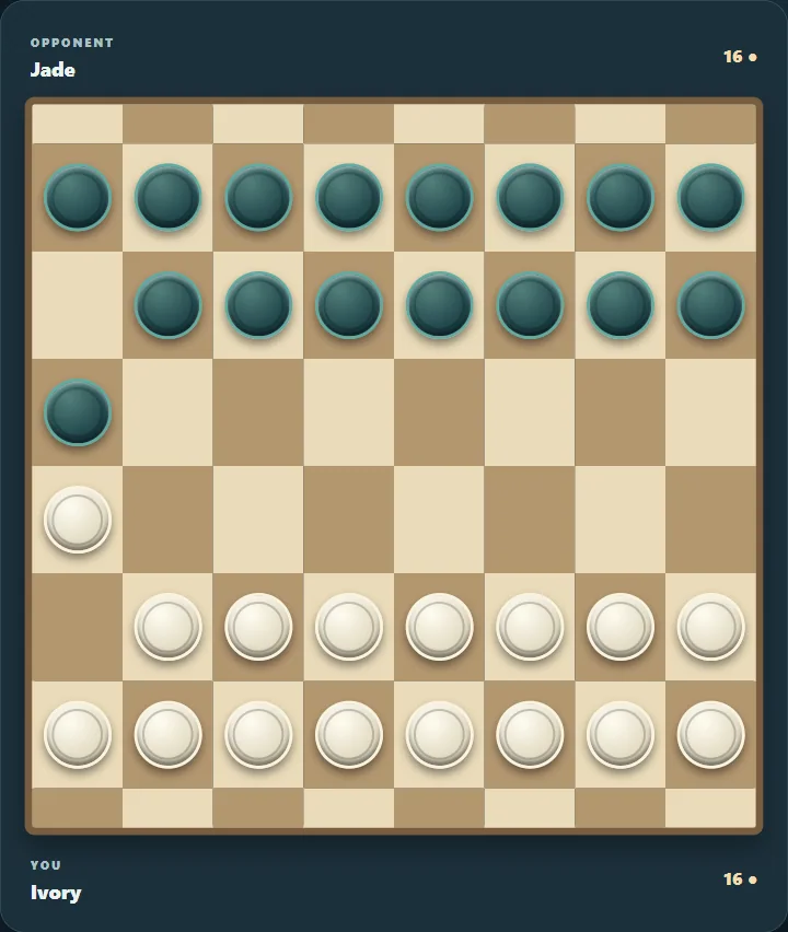 Actual Turkish Draughts gameplay, board position 1 after native moves.