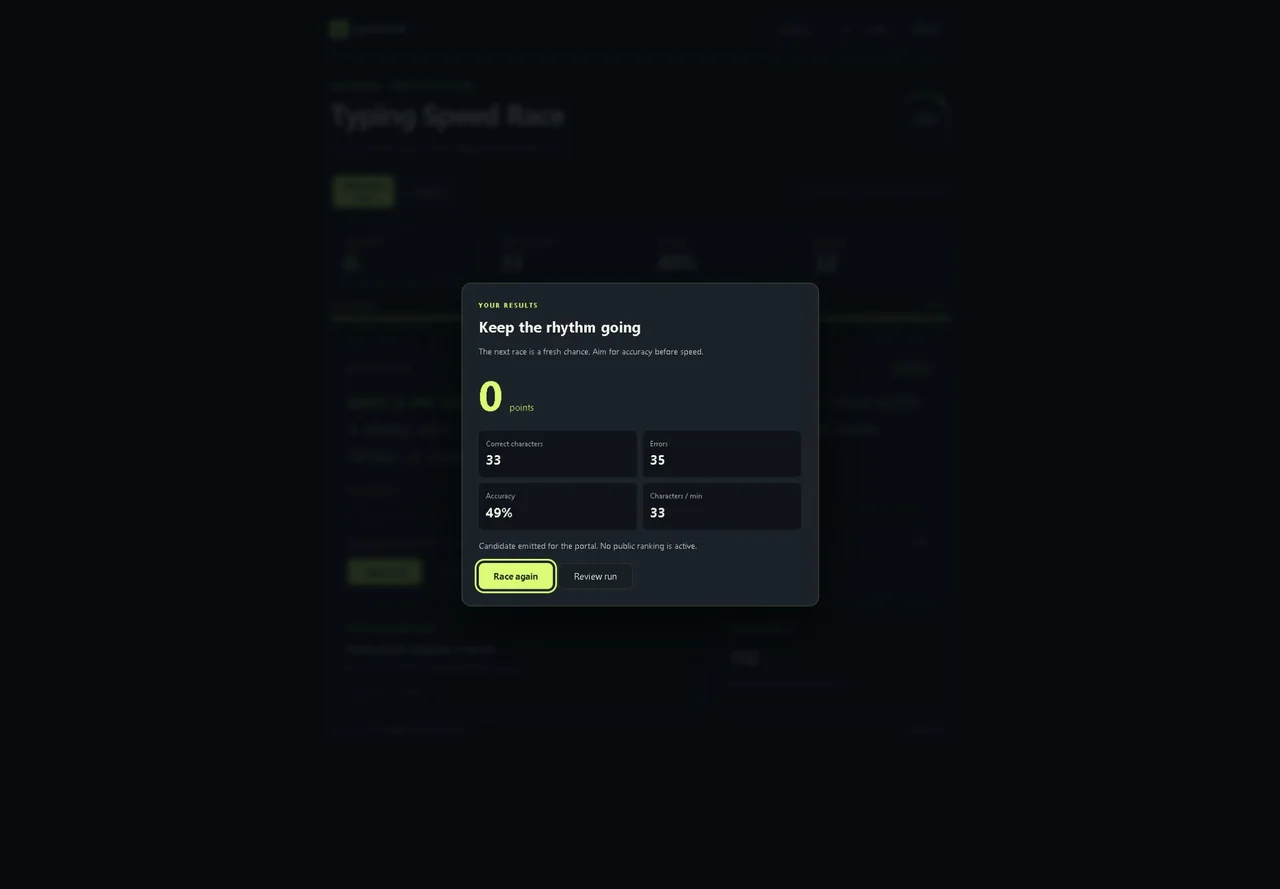 Typing Speed Race: Race result screen