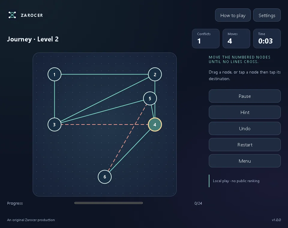 Untangle Puzzle: Rearranged nodes and untangled lines