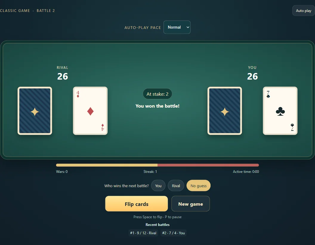 Actual War gameplay, position 1, with both piles and the duel’s face-up cards.