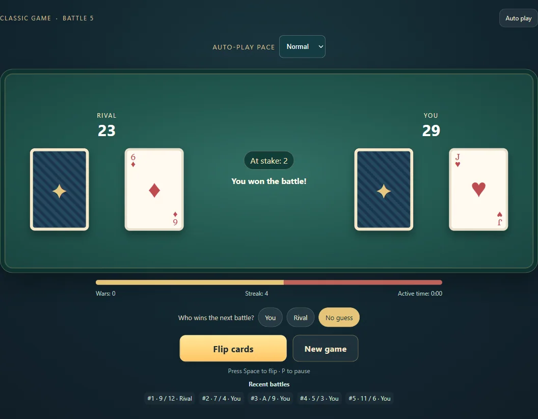 Actual War gameplay, position 2, with both piles and the duel’s face-up cards.