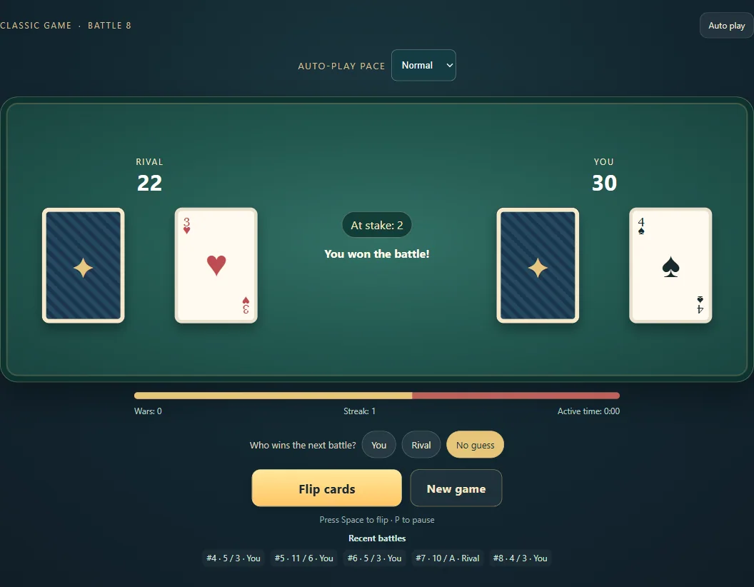 Actual War gameplay, position 3, with both piles and the duel’s face-up cards.