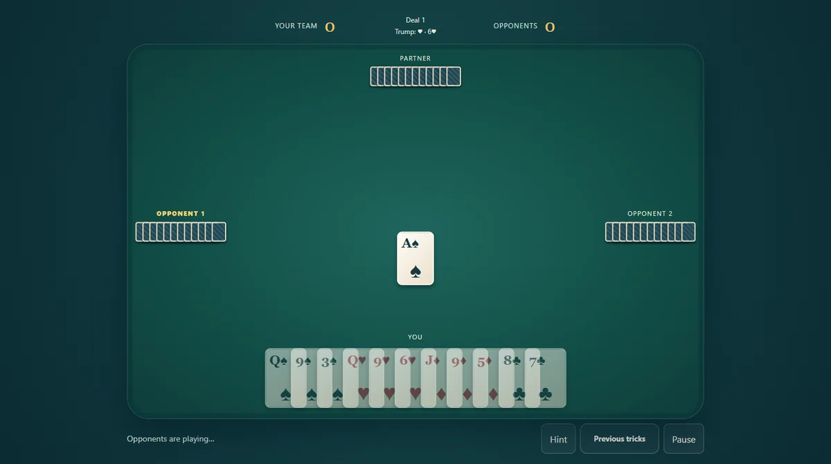 Actual Whist Classic gameplay, position 1 with own cards visible and opponent cards concealed.