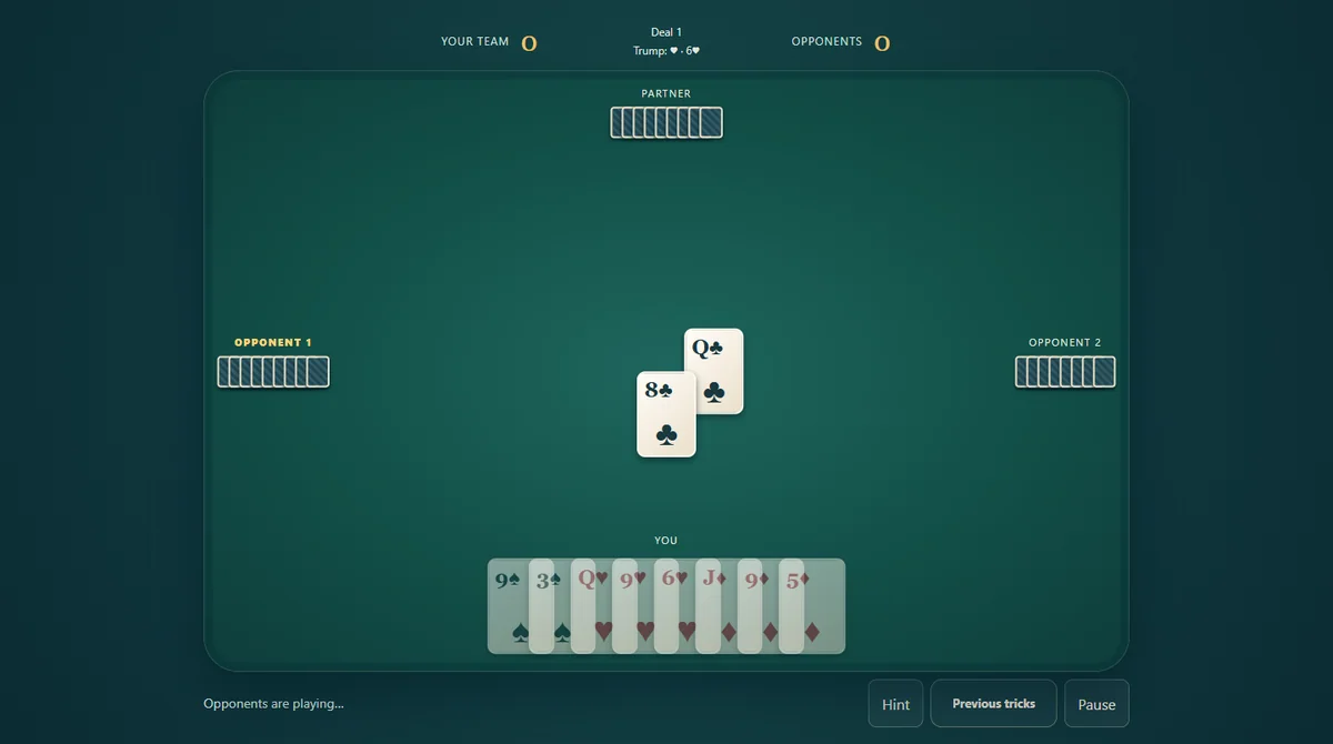 Actual Whist Classic gameplay, position 2 with own cards visible and opponent cards concealed.