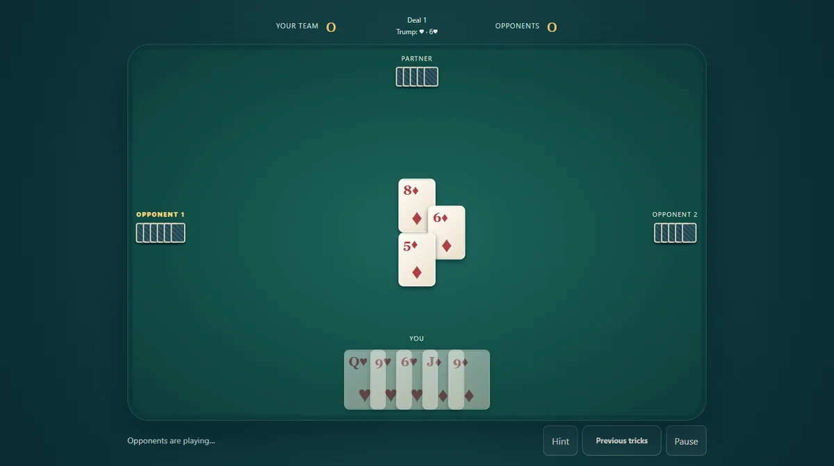 Actual Whist Classic gameplay, position 3 with own cards visible and opponent cards concealed.