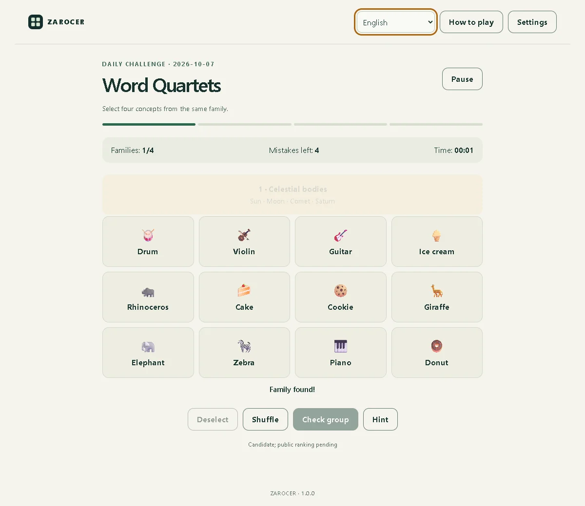 Word Quartets: Remaining words after finding a group