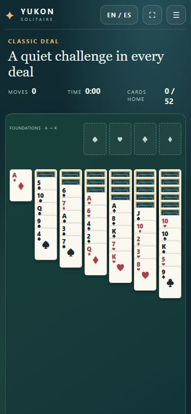 Yukon Solitaire game on a mobile screen.