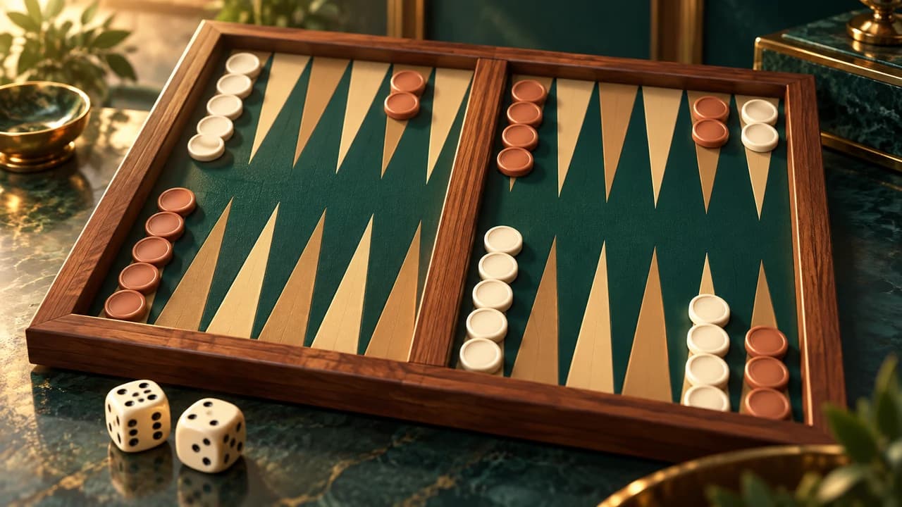 Backgammon cover with cream and terracotta checkers on a green wooden board beside two dice