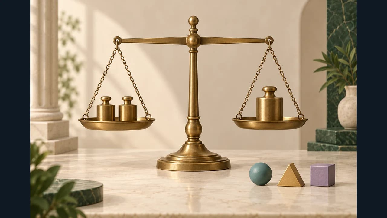 Equilibrio cover showing a balance scale, weights and geometric shapes on a table