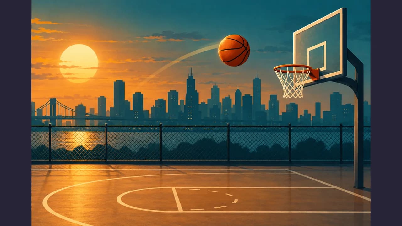 Basketball Shooting cover with a ball and hoop on a sunset court