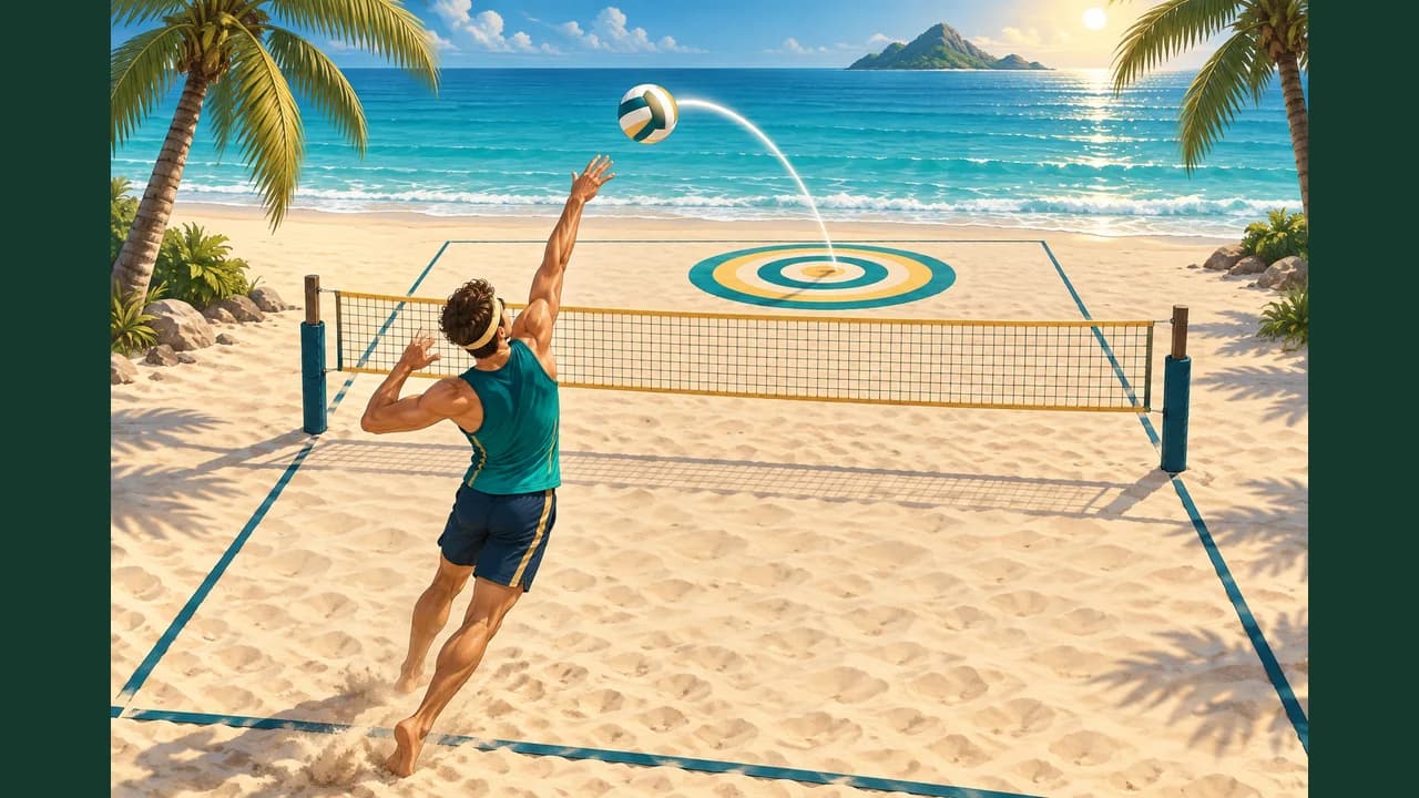 Beach Volley Precision cover with a player serving toward a target on a sandy court