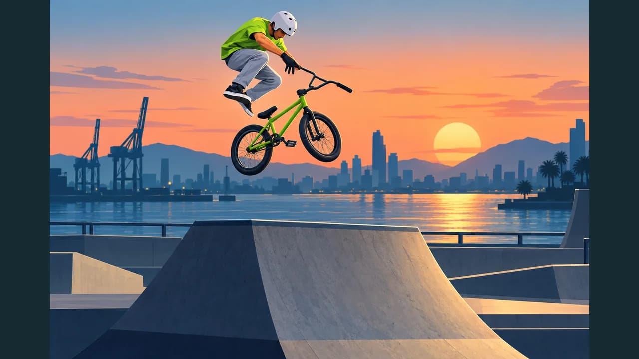 BMX Stunt Park cover with a rider jumping a ramp beside the harbor at sunset