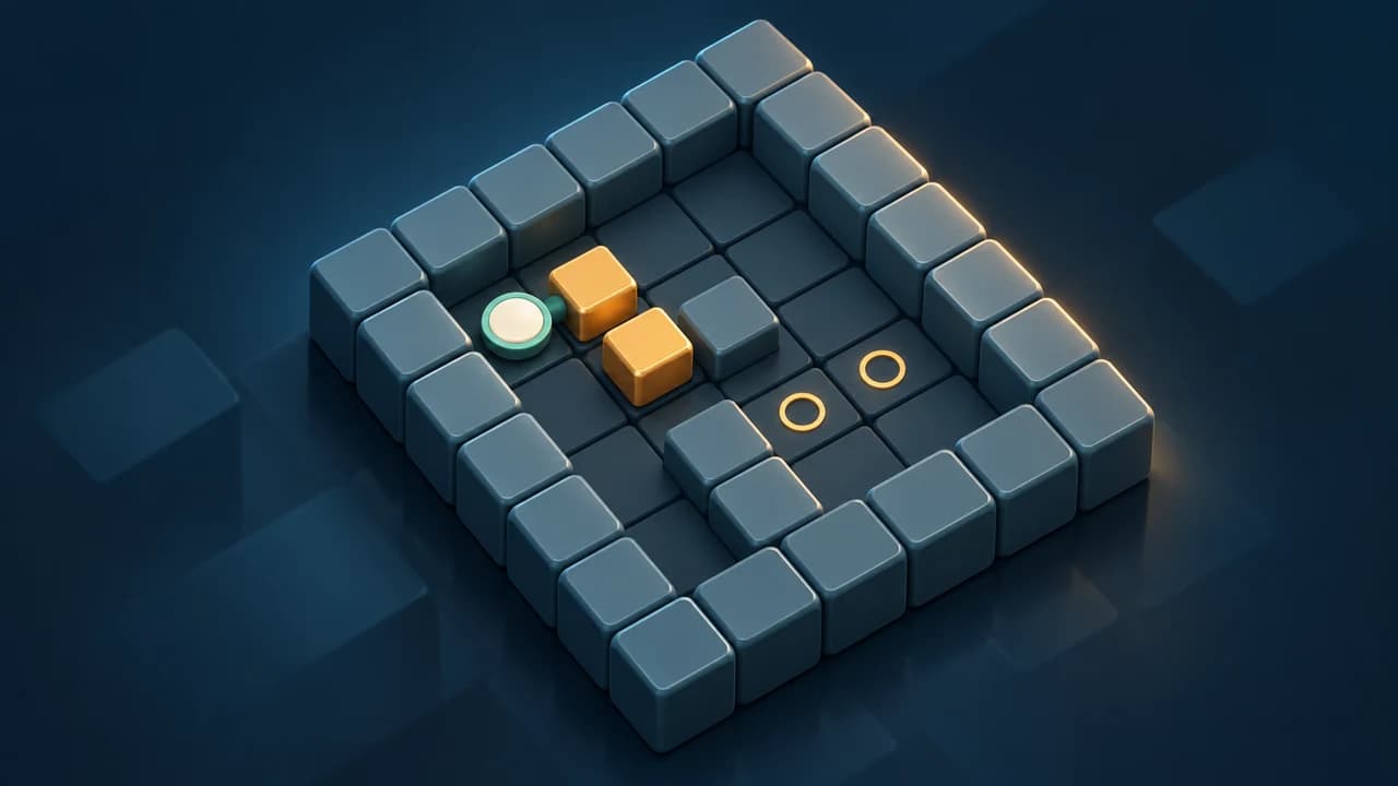 Box Pusher cover with golden crates and two target rings in a blue warehouse