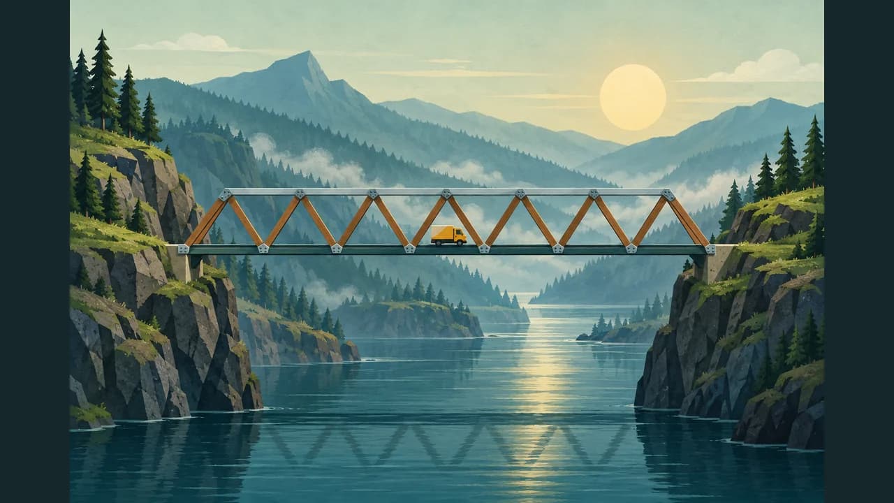 Bridge Builder cover with a yellow truck on a triangular bridge between mountains