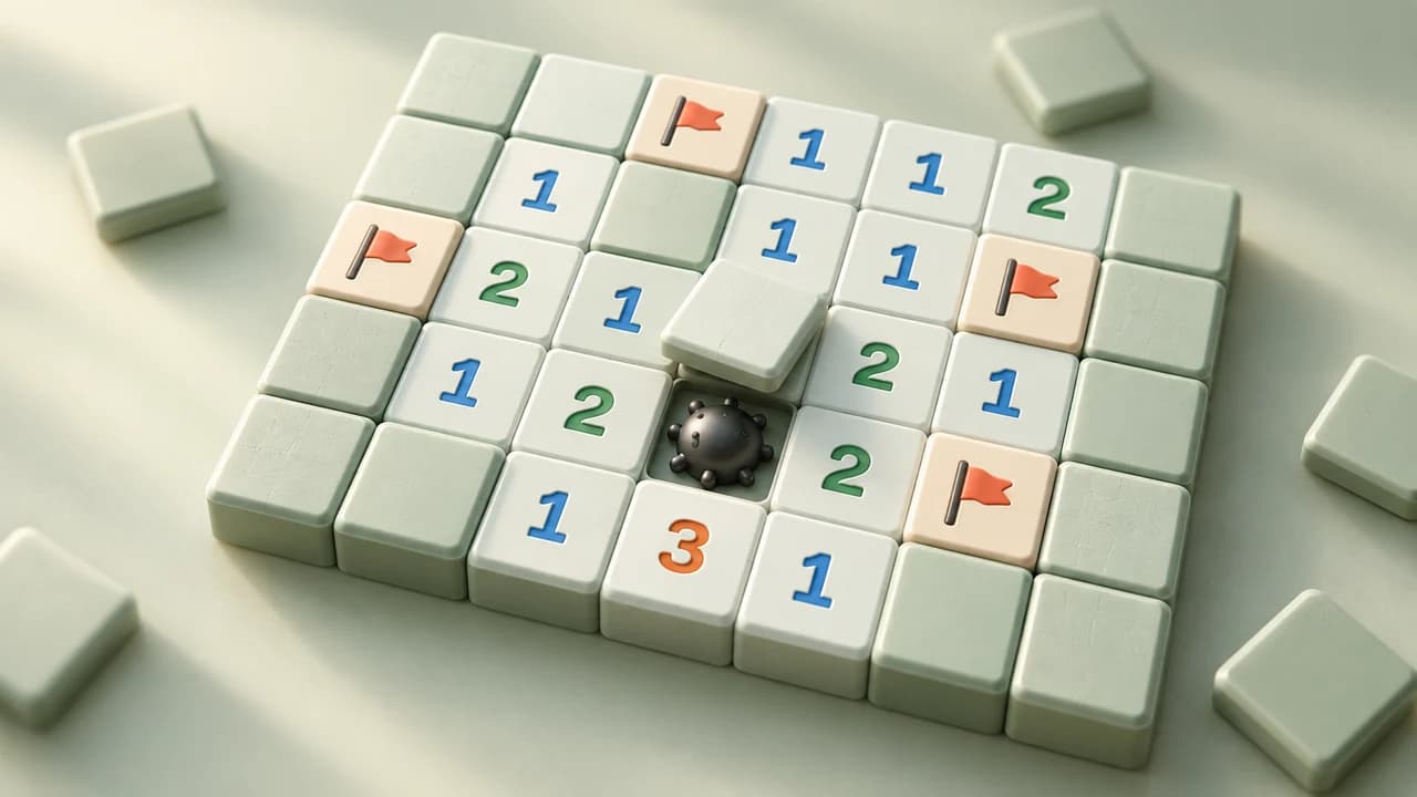 Minesweeper Field Ops cover with colored numbers, red flags and a mine on a sage background
