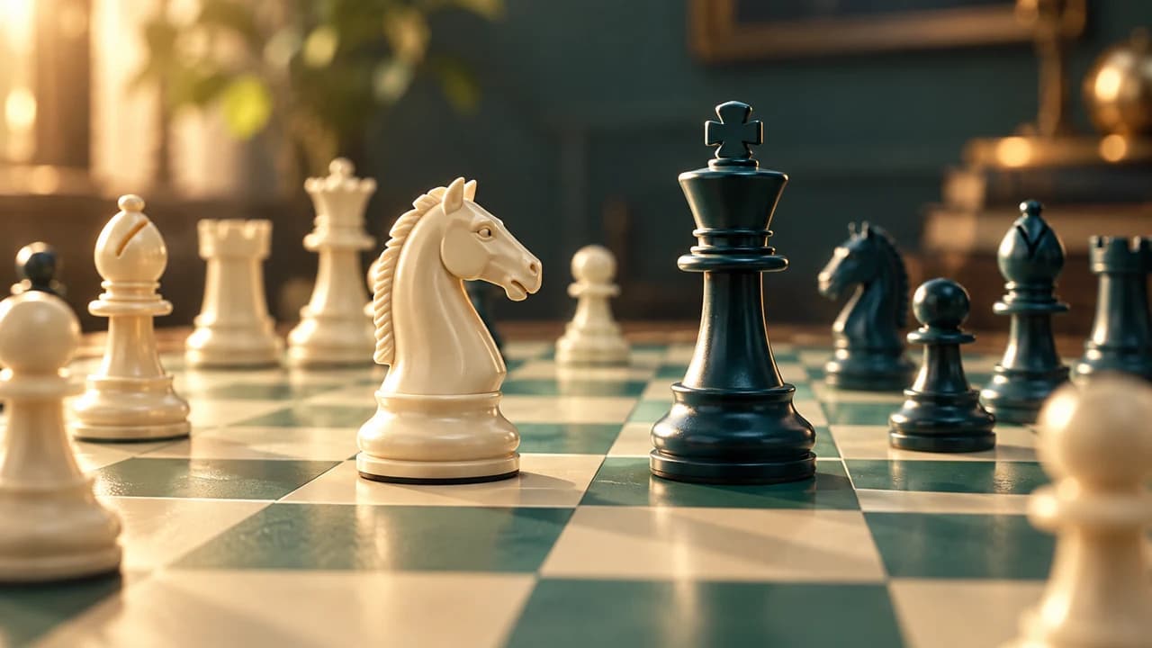 Chess cover with an ivory knight facing a dark green king on a sage-toned board