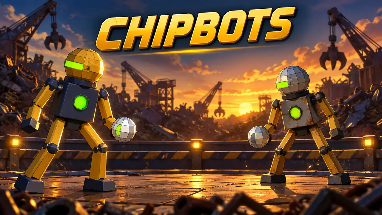 A gold modular Chipbots robot faces a weathered metal rival in a scrapyard arena at sunset.