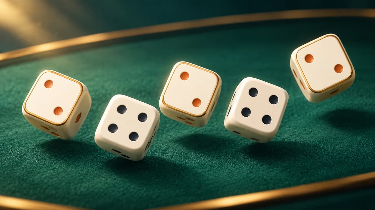 Five Dice cover with five ivory dice with black and golden pips on green felt