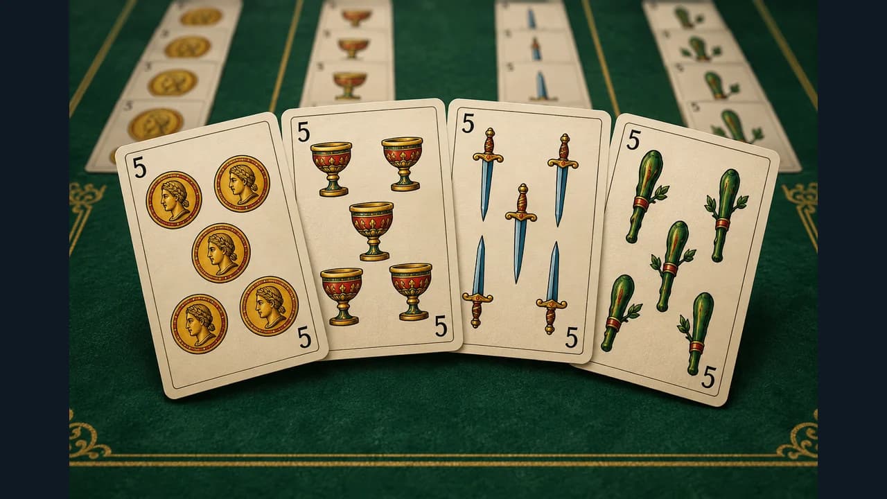 Cinquillo cover showing a sequence of Spanish playing cards