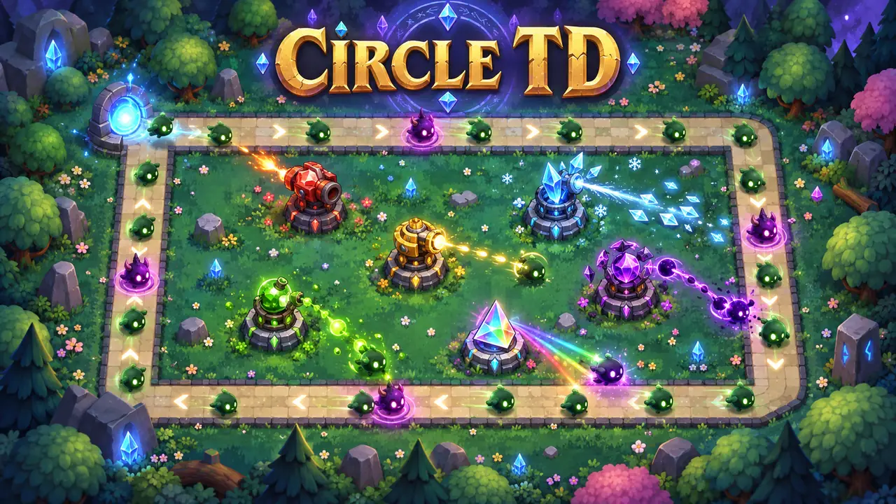 Circle TD cover with gemstone towers defending a looping road among trees and crystals