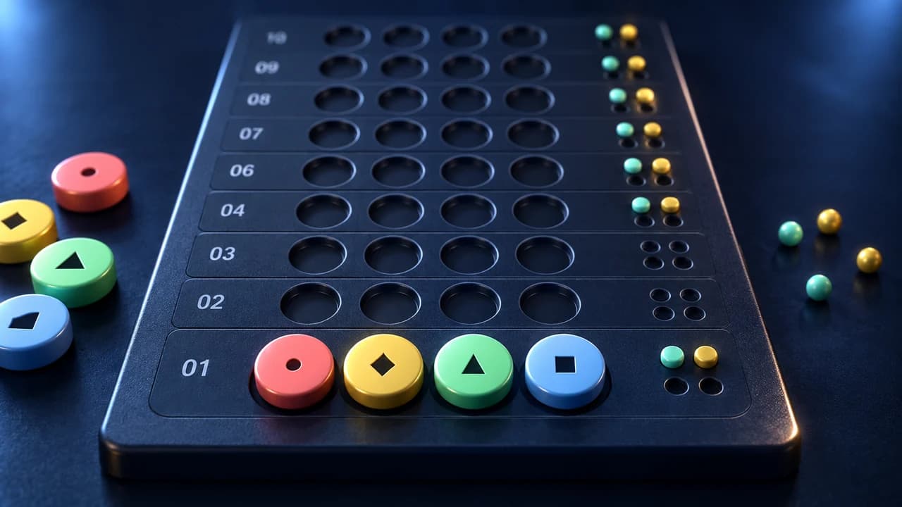 Code Breaker cover with four colored symbol pegs on a dark blue guessing board