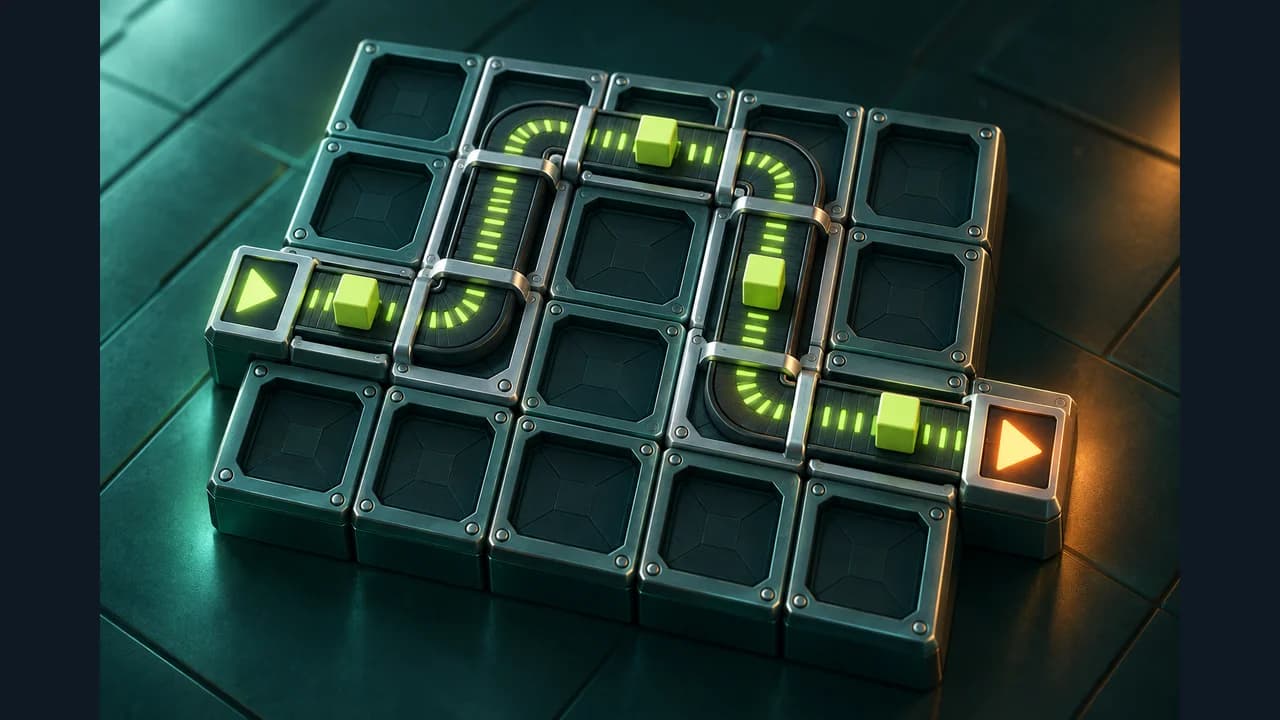 Conveyor Circuit cover with glowing conveyor belts, a green entry gate and an orange exit gate