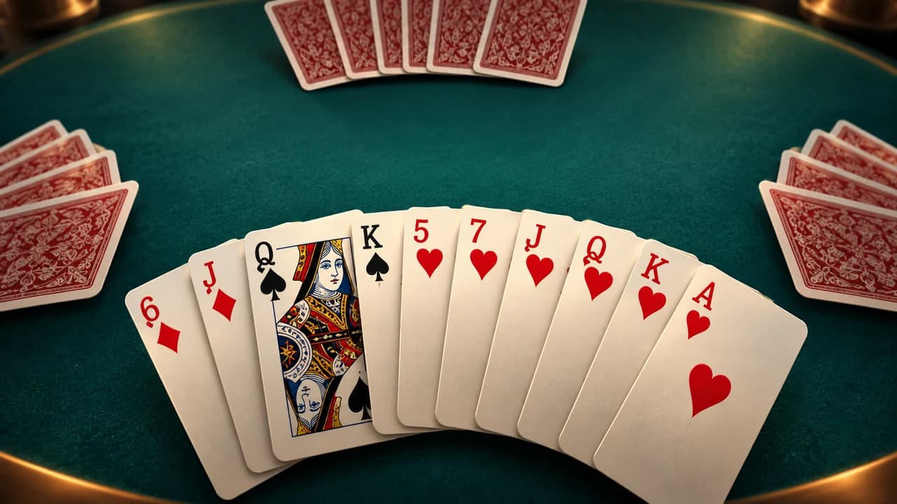 Hearts cover with a fan of heart cards beside the queen of spades on a green table
