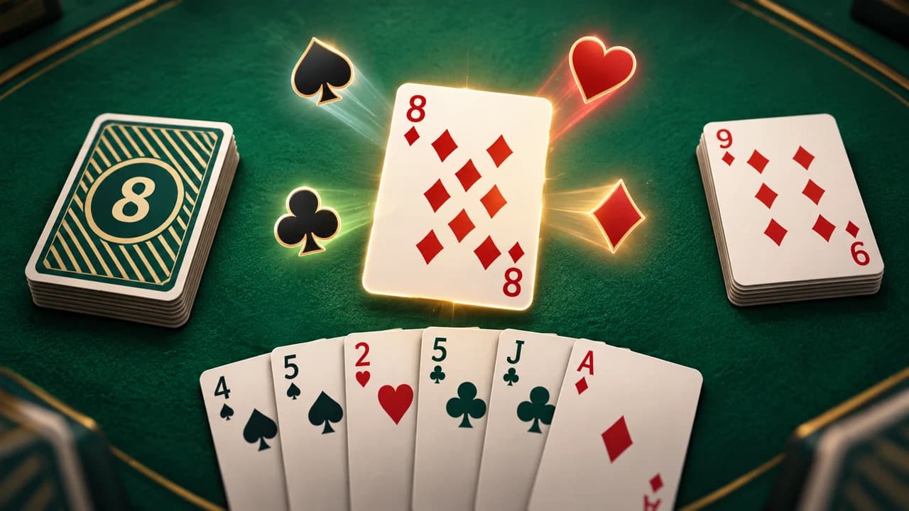 Crazy Eights cover with an eight of diamonds surrounded by all four suits
