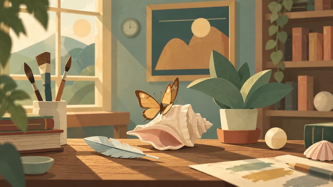 Curiosity Cabinet cover with illustrated butterflies, shells and plants in cream and sage tones